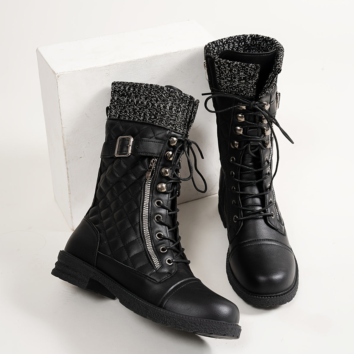 Comfyfit, Botas Femininas de Forro de Fleece Confortáveis até a Meia-Perna - Xadrez Casual, Zíper Lateral, Salto Baixo para Andar de Moto no Inverno & Estilo Ocidental, Botas de Moto