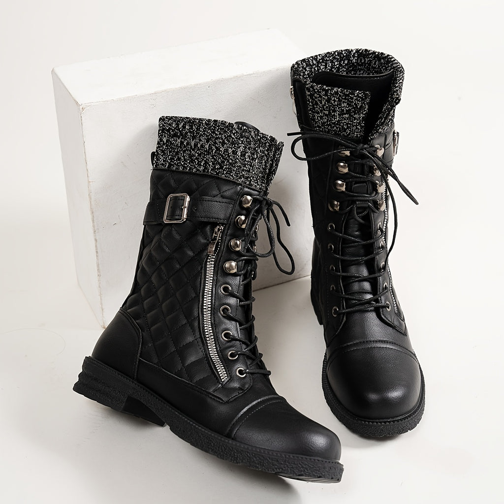 Comfyfit, Botas Femininas de Forro de Fleece Confortáveis até a Meia-Perna - Xadrez Casual, Zíper Lateral, Salto Baixo para Andar de Moto no Inverno & Estilo Ocidental, Botas de Moto