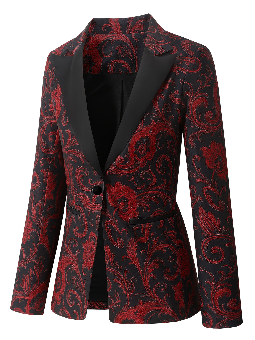 Blazer de Seda com Estampa Paisley Vermelha e Preta Elegante para Mulheres - Manga Comprida, Fechamento Simples com Lapela Entalhada, Jaqueta Versátil para Todas as Estações, Vestuário Formal, Estilo Sophisticado, Tecido de Alta Qualidade
