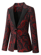 Blazer de Seda com Estampa Paisley Vermelha e Preta Elegante para Mulheres - Manga Comprida, Fechamento Simples com Lapela Entalhada, Jaqueta Versátil para Todas as Estações, Vestuário Formal, Estilo Sophisticado, Tecido de Alta Qualidade