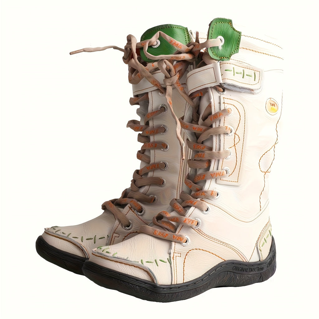 Botas de cano médio TMA EYES 2023 - Estilo ocidental casual, de cor sólida, confortáveis para todas as estações, com fecho de zíper, bico redondo, salto plano, sola TPR, palmilha em tecido, parte superior em imitação de couro de vaca e interior em tecido.