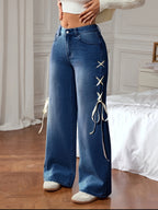 Calças Jeans AW25 de Cintura Alta e Perna Larga para Mulheres, Calças Casuais Roupas Desgastadas e Folgadas