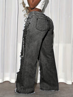 Jeans Elegantes de Corte Solto para Mulher | Ganga Desbotada e Desgastada, Tecido Elástico, Estilo Casual para Todas as Estações