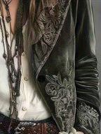 Blazer Feminino Elegante Vintage com Bordado Botânico - Jaqueta X-Shape de Um Botão, Lavável na Máquina, Traje de Outono/Inverno para Casamentos e Ocasiões Especiais (Comprimento Regular)