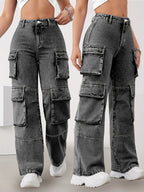 Jeans Plus Size Feminino de Cintura Alta com Múltiplos Bolsos - Calças de Ganga Retas e Elásticas de Cor Cinza Escuro para Todas as Estações