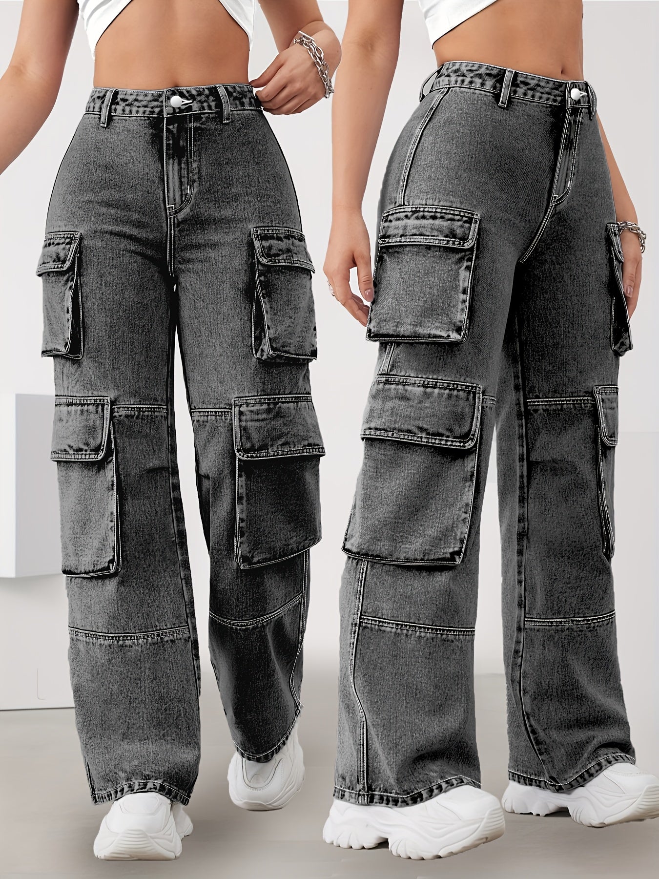 Jeans Plus Size Feminino de Cintura Alta com Múltiplos Bolsos - Calças de Ganga Retas e Elásticas de Cor Cinza Escuro para Todas as Estações