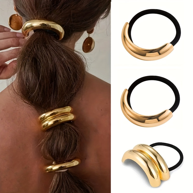 Conjunto de 3 peças de cordão de cabelo oco em liga dourada, design elegante e minimalista com detalhe de renda, cor sólida, para o festival de Natal, adequado para idades a partir dos 14 anos.