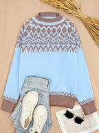 Blusa Feminina Elegante Casual Étnica/Geométrica - Blusa de Inverno Quente com Bloco de Cores e Gola Redonda, Lavável na Máquina, Confortável para Camadas de Outono/Inverno, Novidade 2024 (Poliéster) - Coleção Elegante para Vestidos e Blusas