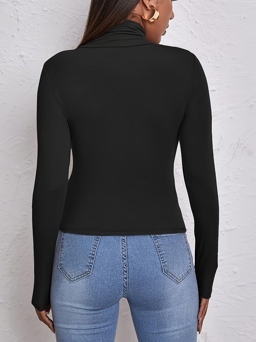 Top de corte alto de manga comprida para mulher - Mistura de poliéster preto elástico, corte casual chic com detalhe de botão, perfeito para outono/inverno, top casual chic|Estilo minimalista|Mistura de poliéster