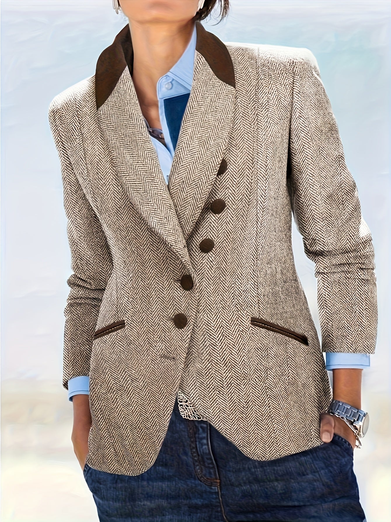 Jaqueta Blazer Elegante com Lapela em Formato H - Clássico de Um Botão, Gola Lapealada e Listras Marrom/Bege, Detalhes Brancos & Butões Dourados - Lavável à Máquina para Inverno, Escritório Formal (Sem Cinto)