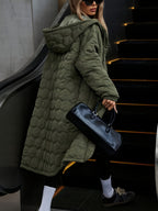 Jaqueta de Inverno Acolchoada com Capuz para Mulheres - Casaco Longo para Clima Frio, Lavável à Mão, Ideal para Outono e Inverno, Casual para Baixas Temperaturas