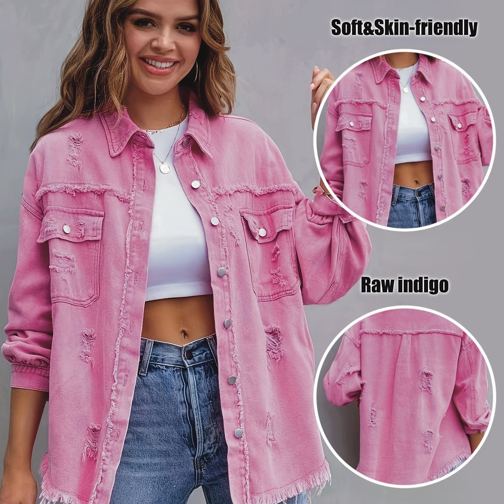 Boho-Chic Oversized Denim Jacket with Distressed Details