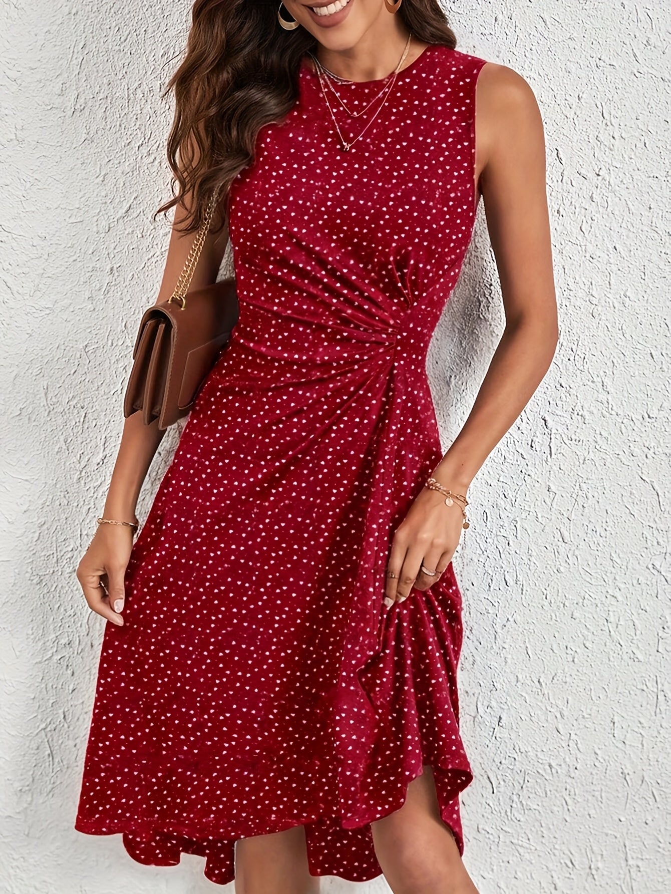 Vestido Elegante Feminino Sem Mangas com Estampado de Corações - Azul Marinho com Bolinhas, Bainha Évasée e Cintura com Folhos, Lavável na Máquina, Roupa Versátil para Todas as Estações, Casuais ou Formais, Vestidos Bonitos