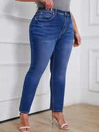 Calças Jeans Femininas Plus Size de Cintura Alta em Stretch, Modelagem Reta com Bolsos Inclinados e Estilo Vintage, Azul, Confortáveis para Uso Diário