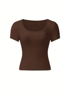 4 peças de camisetas de manga curta para mulheres - Tops curtos de cor sólida com decote em U, Tops de verão casuais elásticos em branco, preto, marrom e cinza, Versáteis para atuário casual, Blusas de top curto