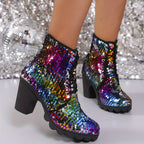  Botas de Tornozelo Chiques para Mulheres com Lantejoulas Coloridas - Respiráveis, com Cadarço e Salto Grosso para a Moda de Inverno