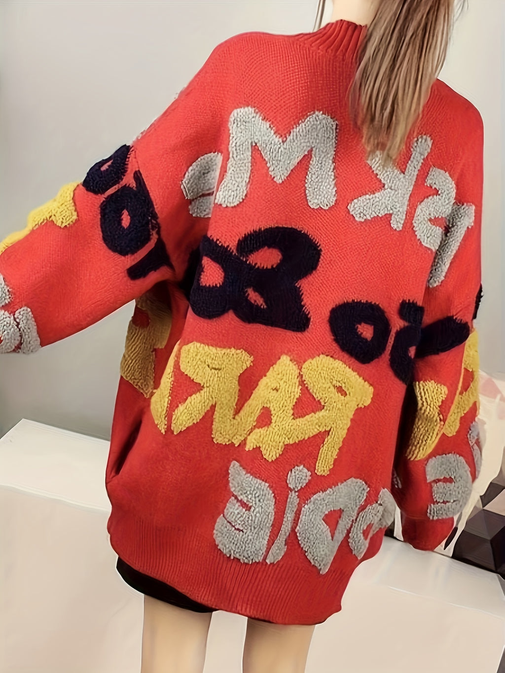 Cardigan de botão com padrão de letras, cardigan casual de manga longa para outono e inverno, roupas femininas