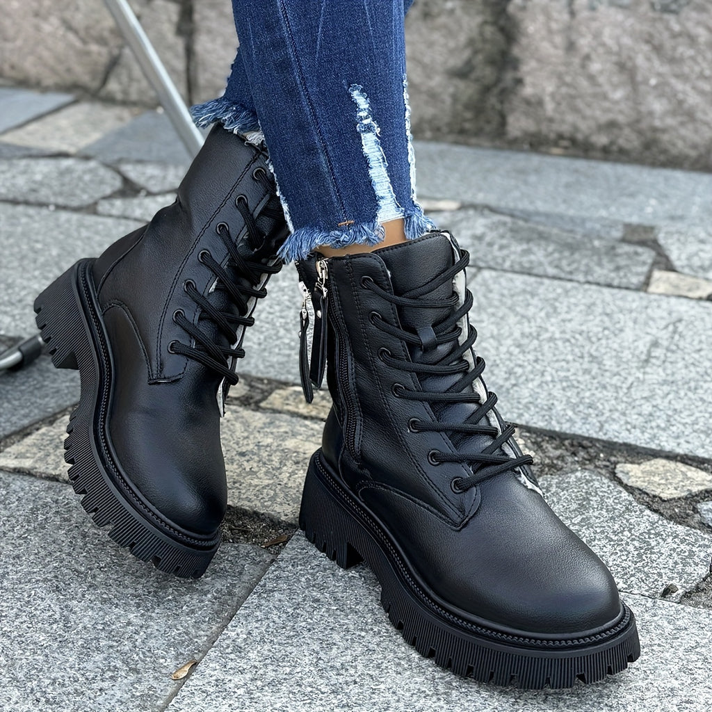 Botas de tornozelo com atacadores de inverno para mulheres com fecho lateral - Fácil de calçar/descalçar, sola de PVC antiderrapante, bico redondo e salto plano - Botas elegantes pretas e brancas para o dia a dia, escritório, eventos formais - Calçado para o frio para mulheres, botas de inverno para senhoras, calçado para o dia a dia, design de botas elegante, sola de PVC durável, vestuário de escritório, calçado elegante, forro confortável, mulheres conscientes da moda