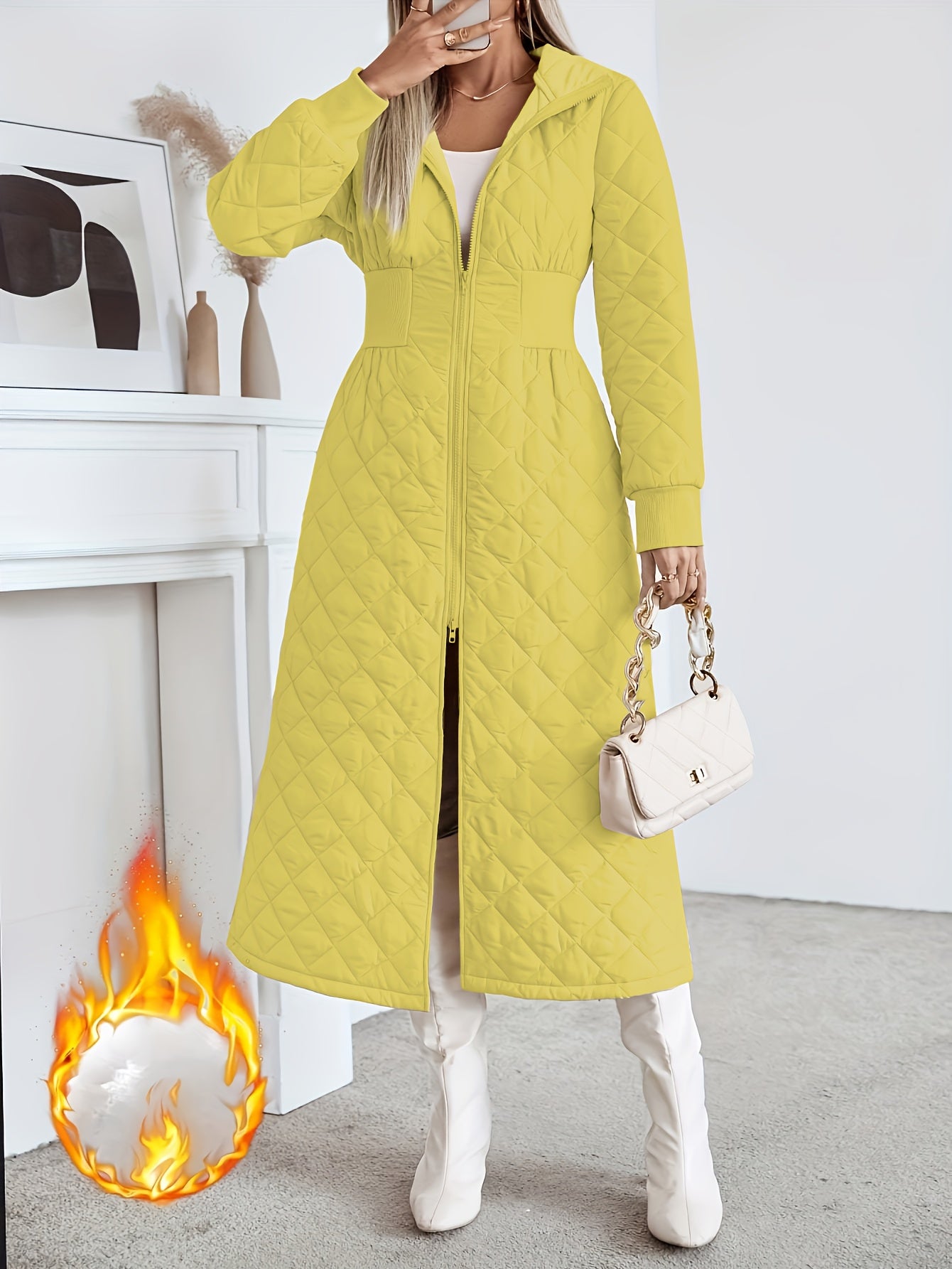 Casaco Longo de Quilting Elegante para Mulheres - Cor Sólida Manga Longa Inverno Quente com Bolsos, Design com Capuz, Comprimento Regular, Sem Cinto, Perfeito para Vestidos Casuais ou Elegantes, Casaco de Inverno, Casaco de Inverno para Mulheres