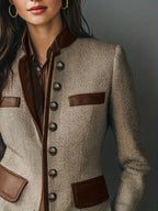 Casaco Casual Elegante Vintage Feminino PU Patchwork Estiloso Gola Alta Abotoadura Simples