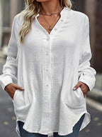 Tamanho grande - Roupas femininas de tamanho grande europeu e americano, camisas de manga comprida com bolsos para outono e inverno, camisas soltas de cor sólida com gola.