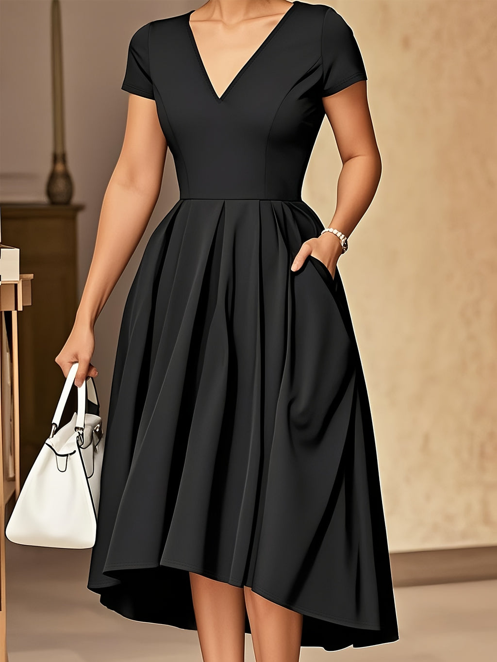 Vestido Feminino Elegante com Decote em V e Manga Curta - Preto Sólido, Lavável à Máquina, Elasticidade Média, Casual e Formal para Primavera/Outono, Estilo Sofisticado, Costura de Qualidade, Roupa Versátil para Escritório