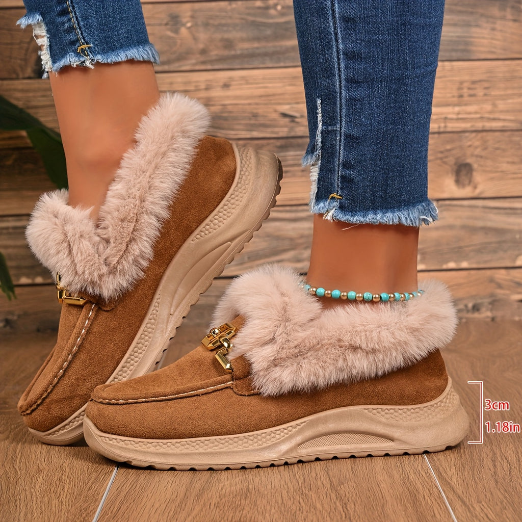 Botas de neve de inverno para mulheres com sola de plataforma grossa - Fáceis de calçar/descalçar, palmilha acolchoada e sola de PVC antiderrapante - Sapatos de clima frio marrom/bege para uso diário, viagens, festas - Presente de calçado de inverno aconchegante para mulheres, calçado de festa, interior forrado de pelúcia, sapatos de inverno para mulheres, tênis de inverno para mulheres, botas de inverno para mulheres