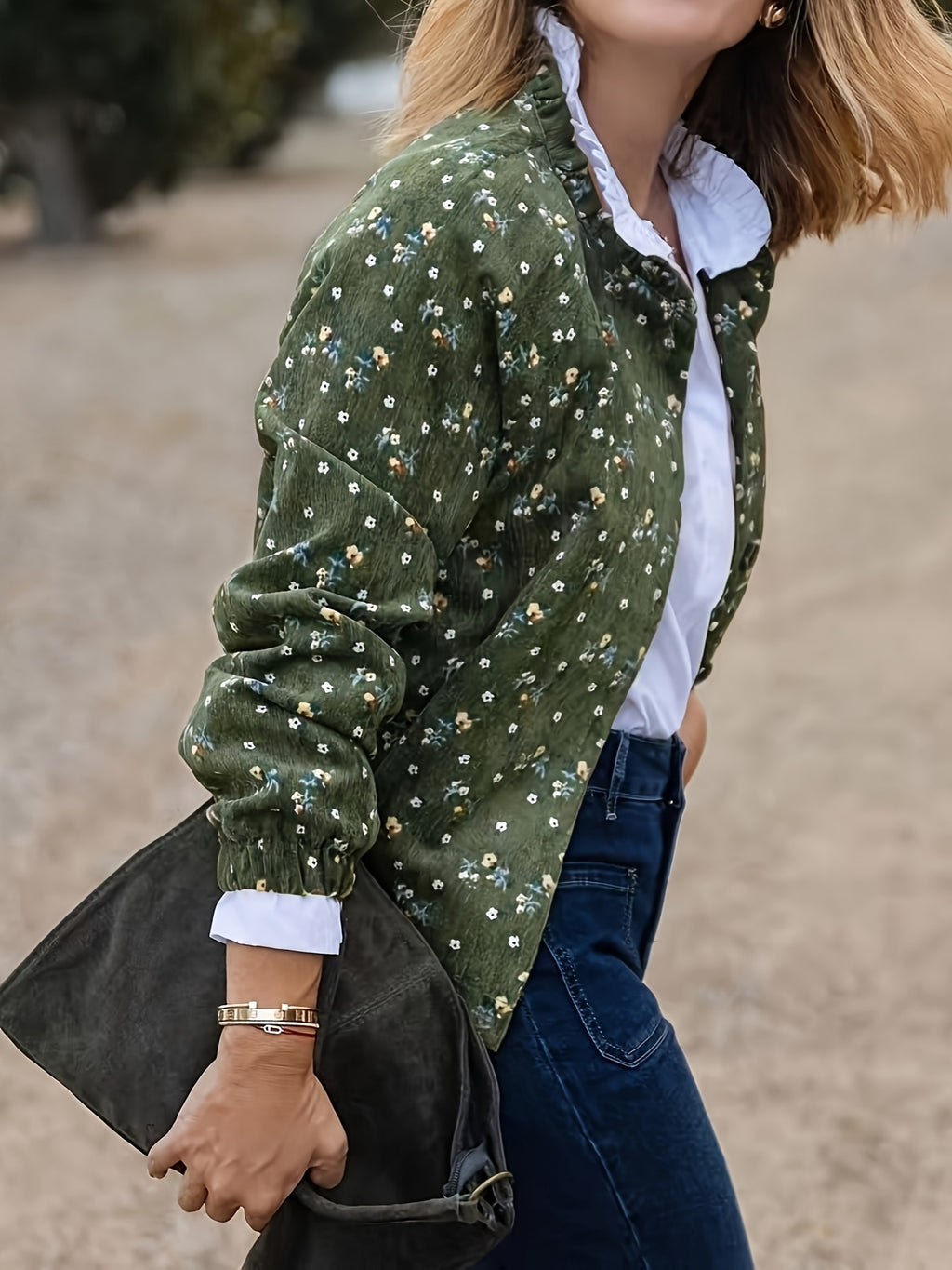 Tamanho Grande - Casaco Elegante com Estampado Floral para Mulheres Plus Size | Manga Comprida, Bolsos Duplos, Sem Gola, Carcela com Fecho de Zíper, Tecido Sem Elasticidade, Adequado para Outono/Inverno