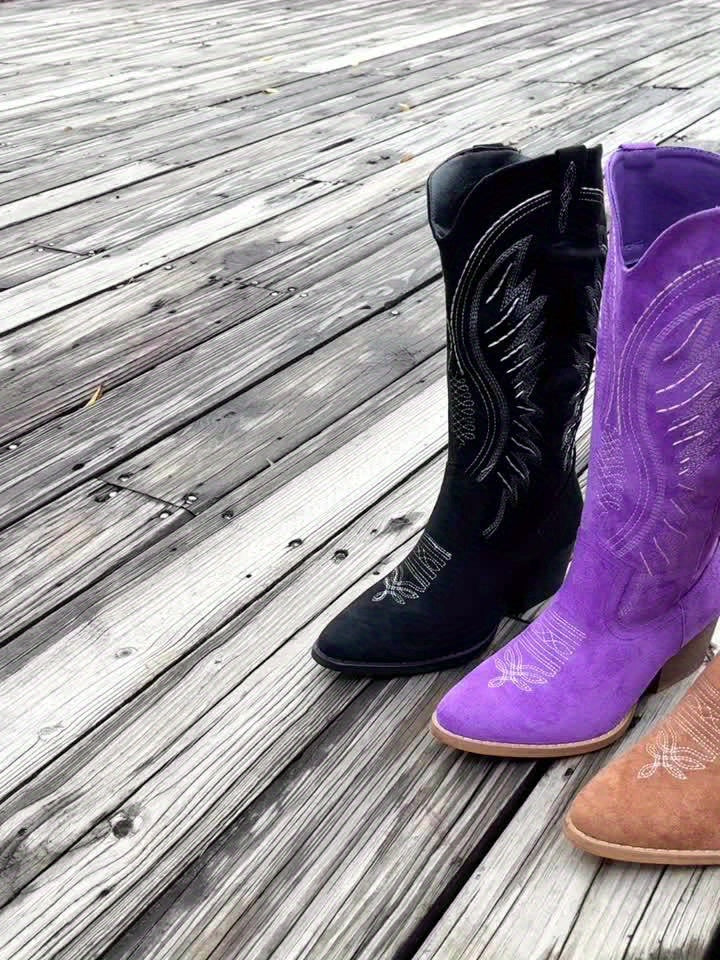 FOMOTI Botas de Cowboy Femininas com Bico Fino e Salto Bloco - Fechamento com Zíper, Salto Médio para Montaria, Solado em TPR/Borracha e Tecido para Jeans, Botas de Vestir para Cavalgada, Uso Casual e Western - Duráveis e Confortáveis