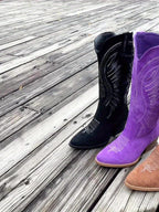FOMOTI Botas de Cowboy Femininas com Bico Fino e Salto Bloco - Fechamento com Zíper, Salto Médio para Montaria, Solado em TPR/Borracha e Tecido para Jeans, Botas de Vestir para Cavalgada, Uso Casual e Western - Duráveis e Confortáveis