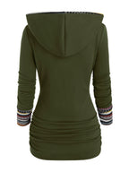 Sweatshirt com capuz de moda feminina, manga comprida, estampado de riscas, malha de patchwork com botões falsos, poliéster 95% spandex 5%, temporada outono/inverno, peso da peça 180g/m²