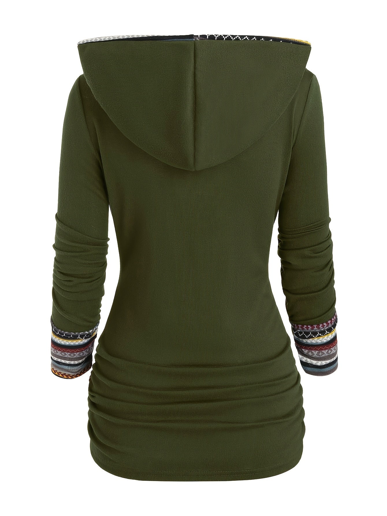 Sweatshirt com capuz de moda feminina, manga comprida, estampado de riscas, malha de patchwork com botões falsos, poliéster 95% spandex 5%, temporada outono/inverno, peso da peça 180g/m²