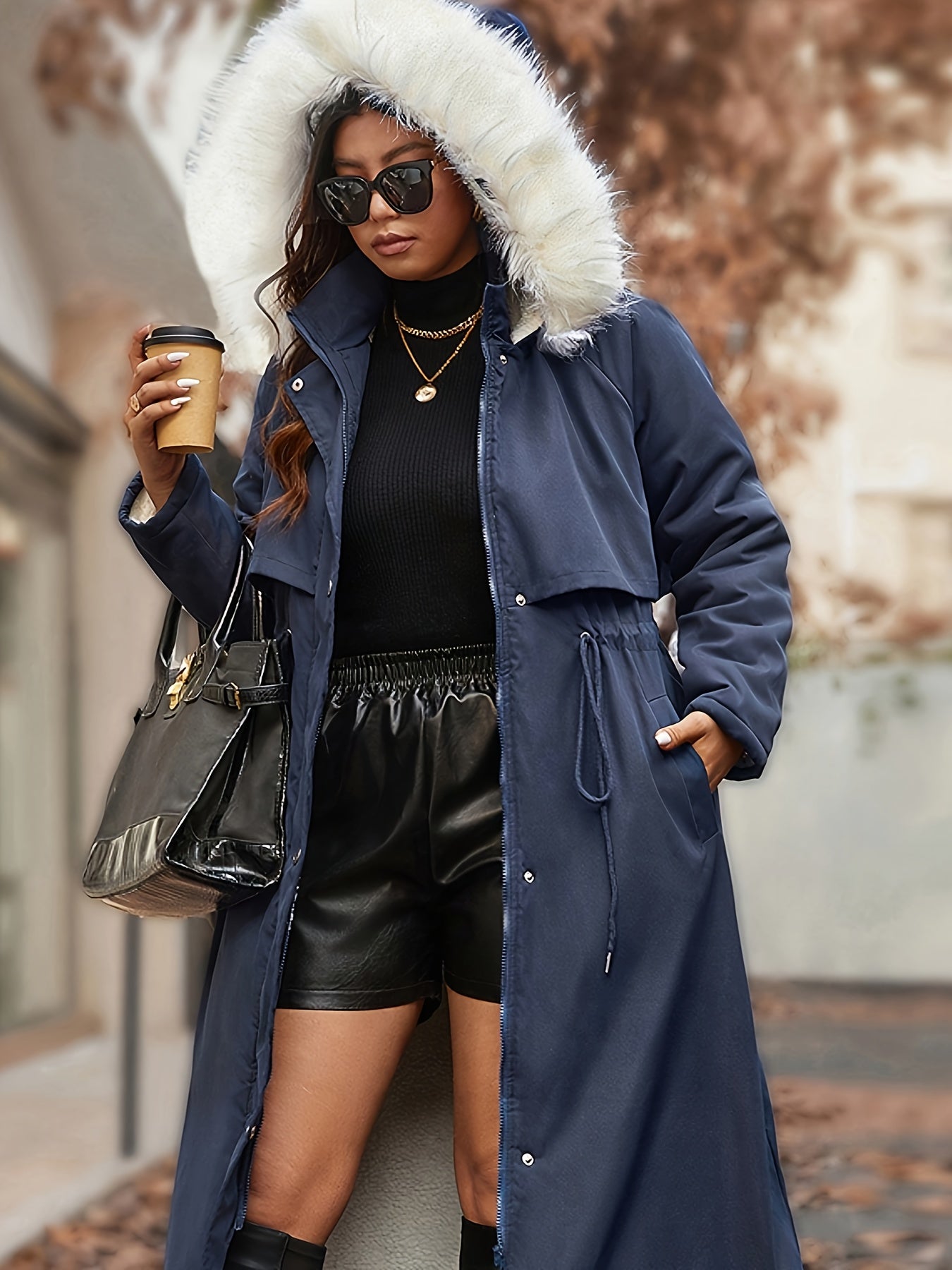 Casaco Plus Size Feminino com Capuz e Cinto, Acolchoado e Pelúcia Falsa - Jaqueta Parka Longa Azul Marinho para Inverno, Elegante e Casual, Lavável à Mão (Pronto a Usar)