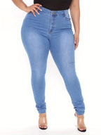 Calças de ganga de cintura alta para mulheres - Ajuste fino, denim azul claro, estilo casual, fecho de correr, conforto para todas as estações, calças de ganga de cintura alta, moda confortável, tecido durável