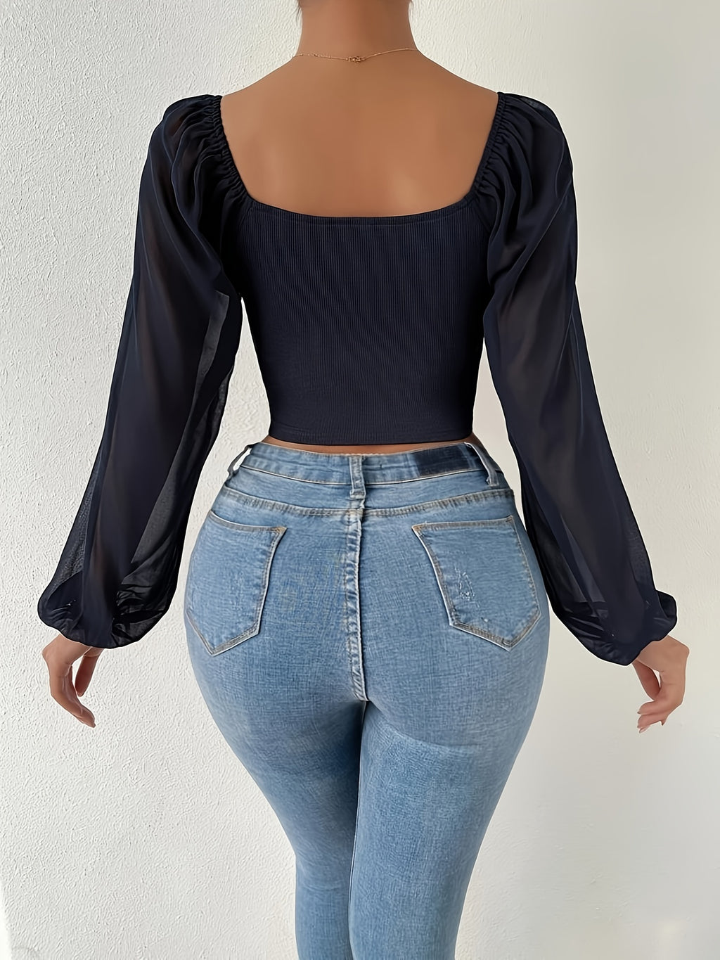 Top Curto Com Cordão E Decote Em Coração, Blusa Casual Ilusão Com Manga Lanterna Para Primavera E Outono, Roupas Femininas
