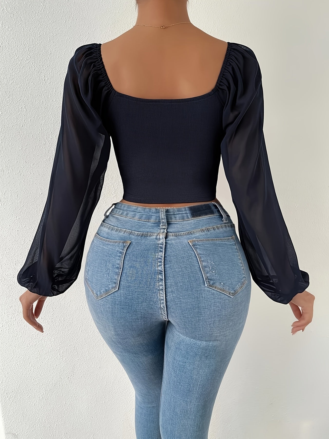 Top Curto Com Cordão E Decote Em Coração, Blusa Casual Ilusão Com Manga Lanterna Para Primavera E Outono, Roupas Femininas