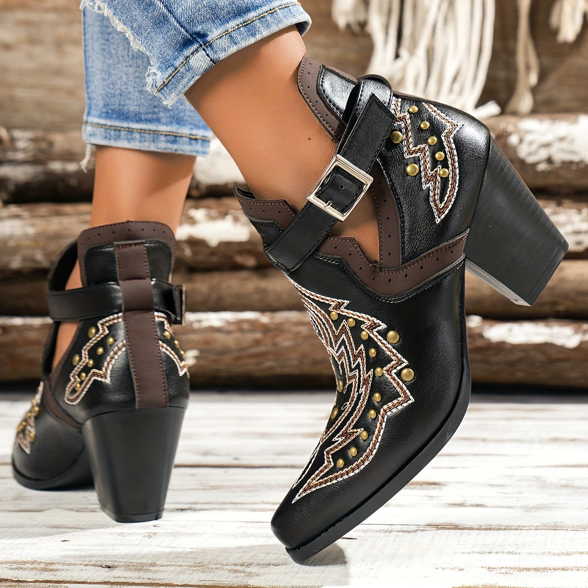 Botas de salto grosso com decoração de contas douradas para mulheres, design de fivela de moda, botas de tornozelo confortáveis para mulheres