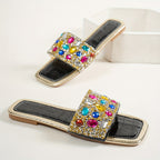 Sandálias Femininas Coloridas com Strass - Elegantes Sandálias de Dedo Aberto para o Verão com Design de Pedras Preciosas Vibrantes, Chinelos Casuais Confortáveis para Festas e Eventos ao Ar Livre, Calçados de Praia | Sandálias Vibrantes | Decorações com Pedras Preciosas, Sandálias Femininas