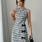 Chic French Style Sleeveless Short Dress - Black & White Bow Detail