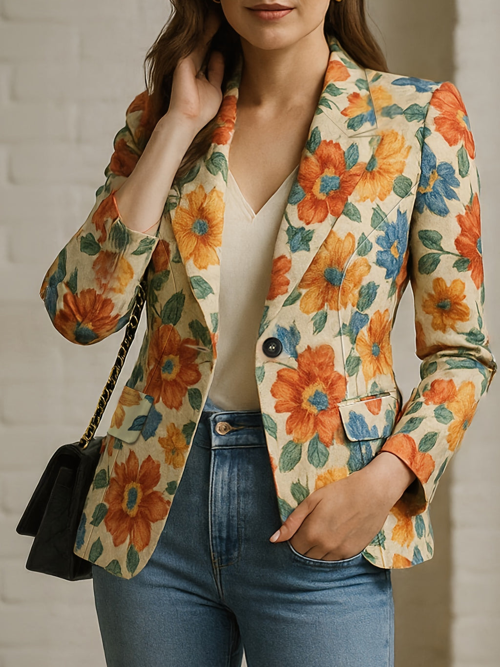 Chic e Elegante, esta Blazer elegante apresenta um único botão e um estampado floral.