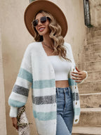 Jaqueta Estilo Francês com Botões Frontais e Listras Horizontais - Blusa de Caimento Relaxado para Outono/Inverno, Casaco Casual e Elegante (Não-)