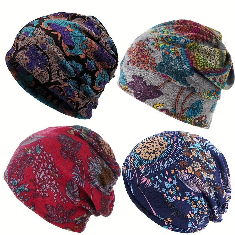 Conjunto de 4 Gorros de Boêmia Estilo para Mulheres com Padrões Florais - um Lenço de Cabeça Confortável e Leve Adequado para Outono e Inverno, Esticado Ouf para Uso em Quimioterapia, Somente Lavagem à Mão, com Designes de Penas Brilhantes e Florais em Cinza, Vermelho, Azul e Preto, Oferecendo Chapéus Confortáveis.