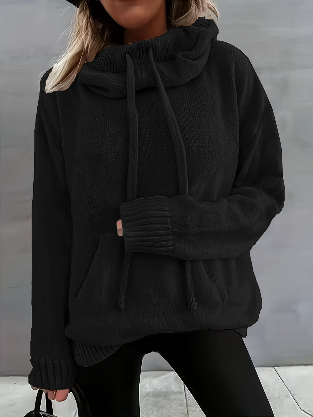 2025 Nova Outono E Inverno Mulher Casual Versátil Cor Sólida Com Cordão Bolsa Capuz Pulôver