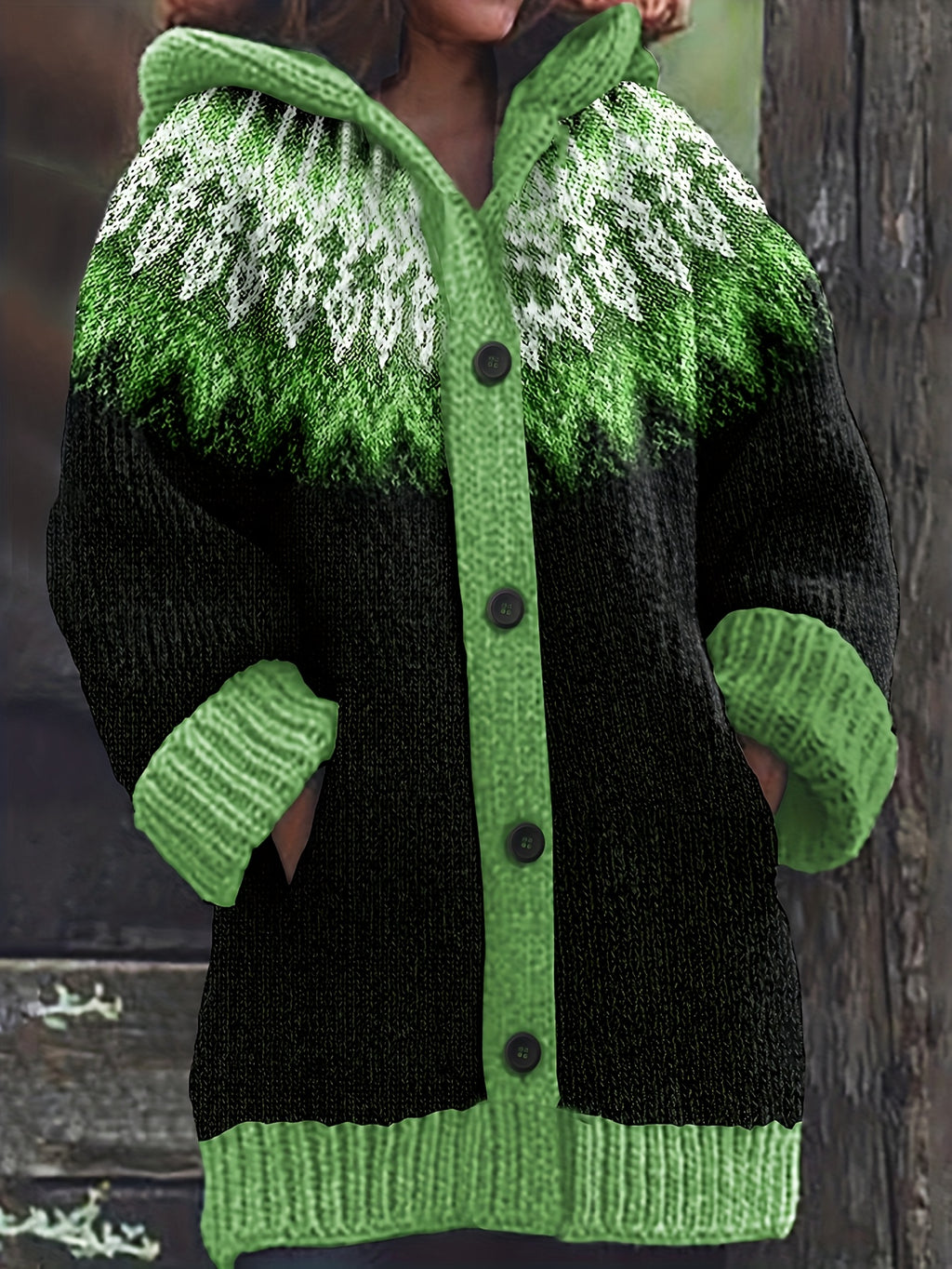 Casaco Plus Size Feminino de Inverno, Elegante com Capuz, Jacquard Macio e Grosso em Degradê de Montanha e Geleira, Tie-Dye, Confortável e Casual, Cardigan Vintage para Presente ou Dia a Dia