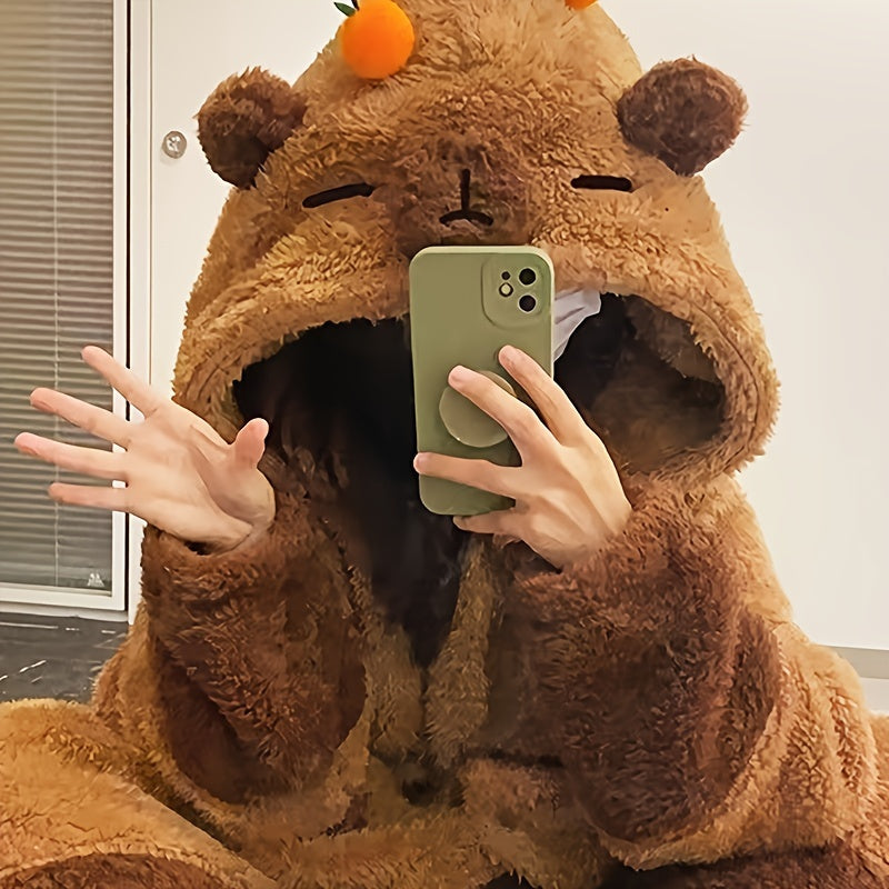 Manta com capuz de capivara em estilo preppy - Tamanho adulto, em poliéster tricotado de fleece coral, com tema de animal, vestido de noite com bolsos e punhos ajustados, lavável à máquina, sem estampado.