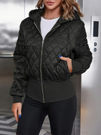 Casaco Acolchoado Casual com Capuz, Zíper e Cordão em Verde Militar