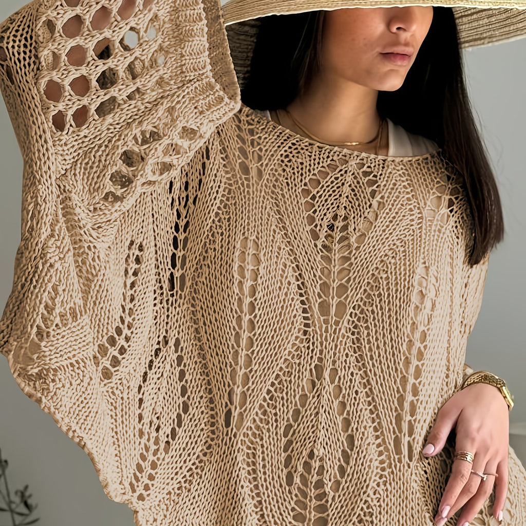 Plus Size Geometric Cutout 3/4 Sleeve Top - Sun Protection