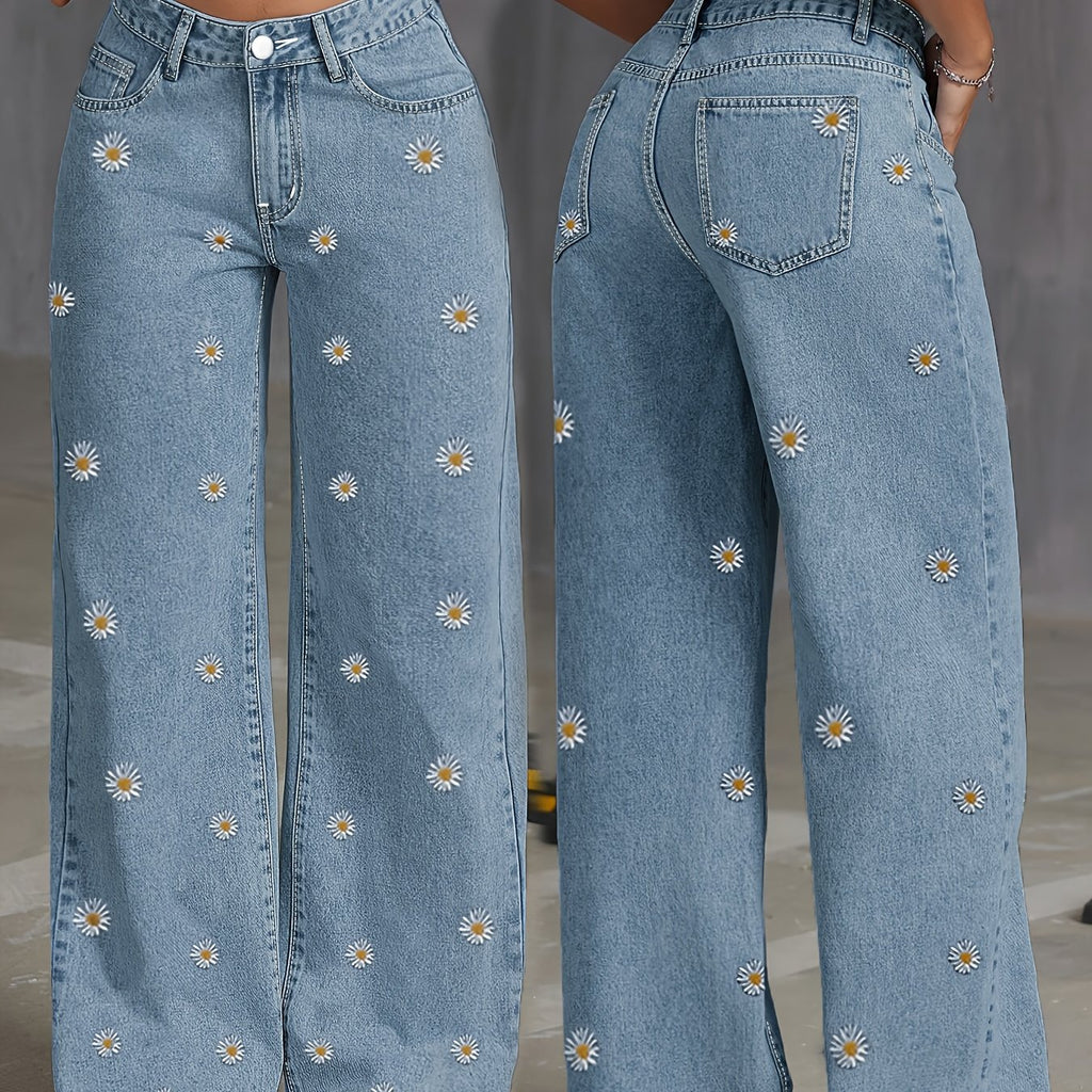 High-Waist Daisy Embroidered Straight Jeans