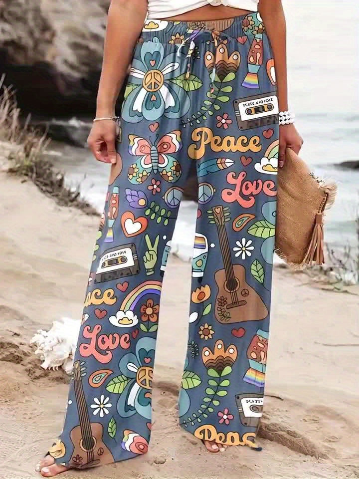 Calças largas estampadas, calças soltas casuais para primavera e verão, roupa de mulher