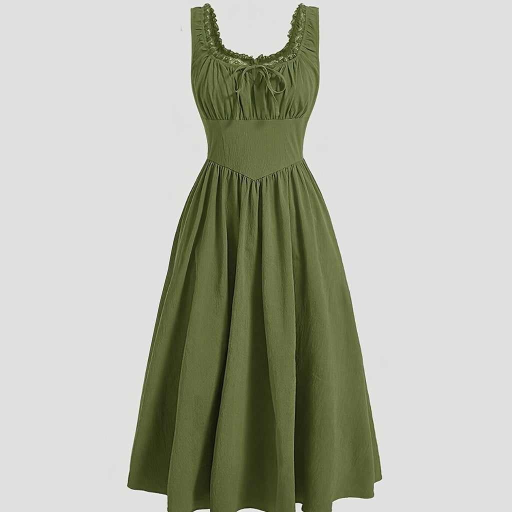 Olive Green Elegant Dress with Lace Details